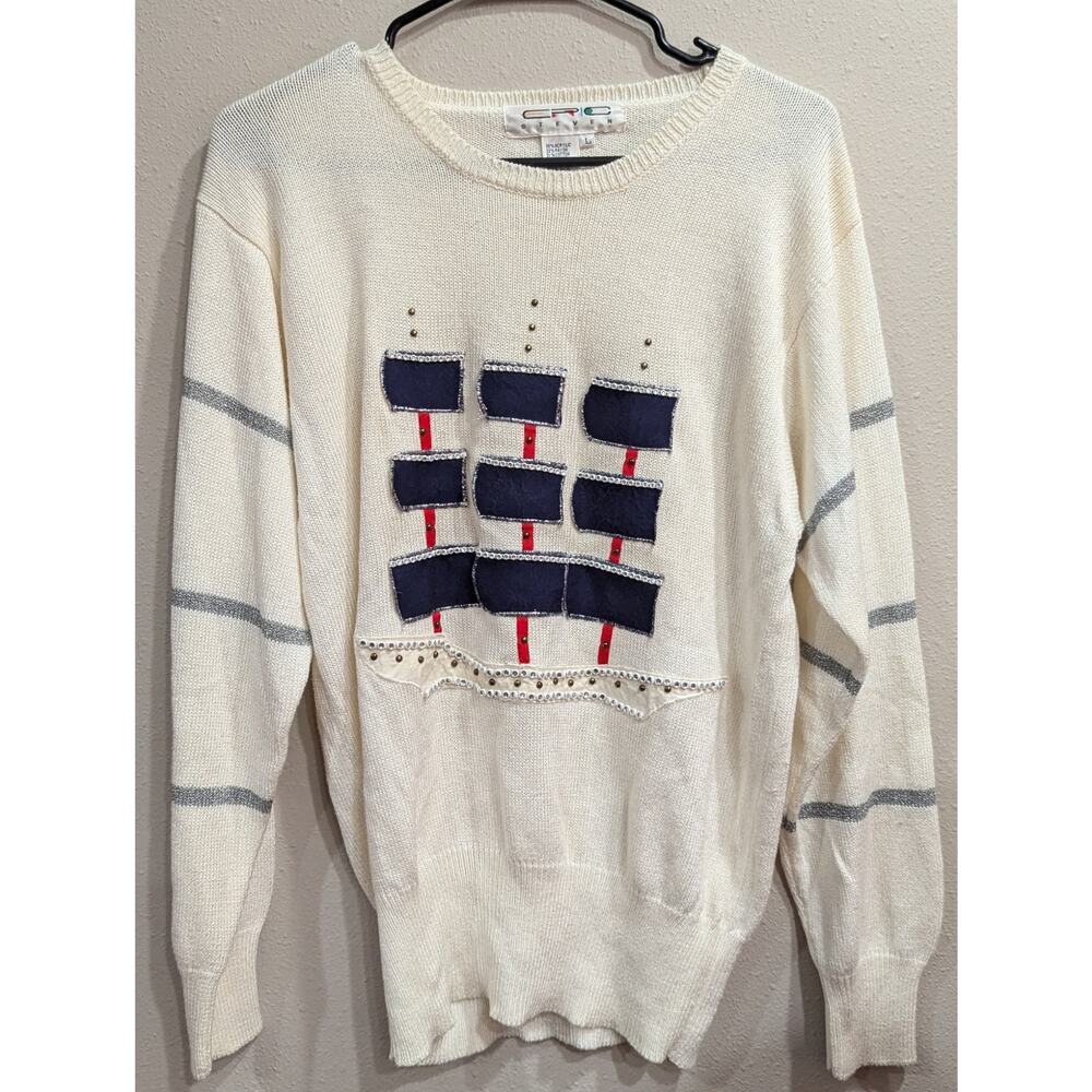 Vintage nautical themed sweater w/sail boat stitch & applique by Eric Steven, L